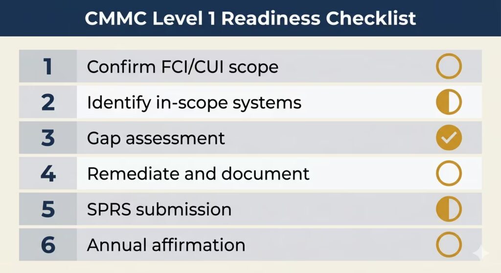 CMMC Level 1 six-step readiness checklist with completion status indicators