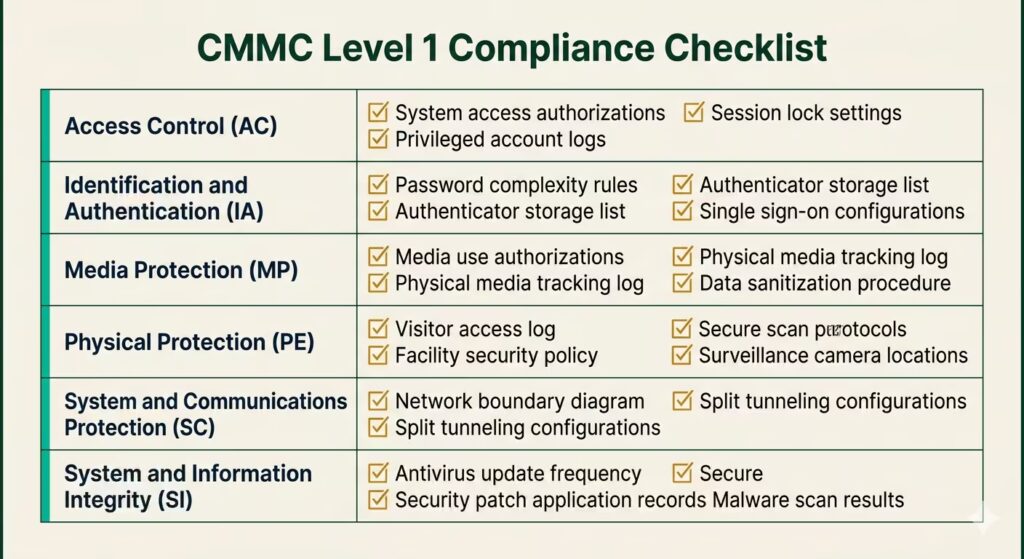 CMMC evidence checklist showing required proof for each of the six Level 1 domains
