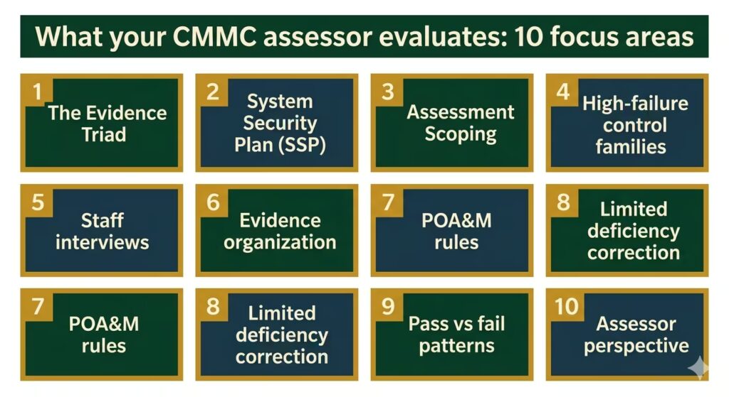 CMMC Level 2 assessor evaluation overview infographic showing examine, interview, and test methods across 10 assessment focus areas