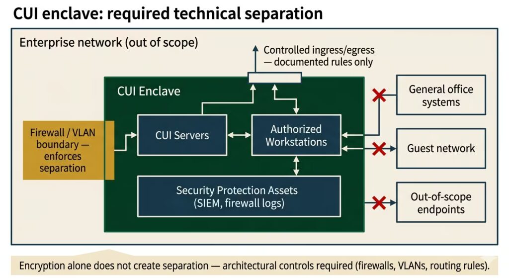 CUI enclave network architecture diagram showing firewall, VLAN isolation, ingress and egress controls separating CUI enclave from enterprise network